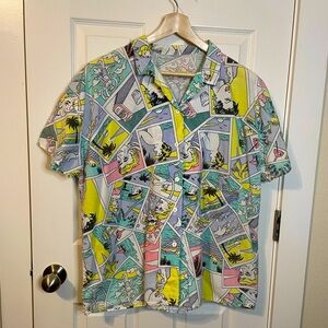 VTG 80s oversized short sleeve button down shirt w/ comic strip pattern sz XL